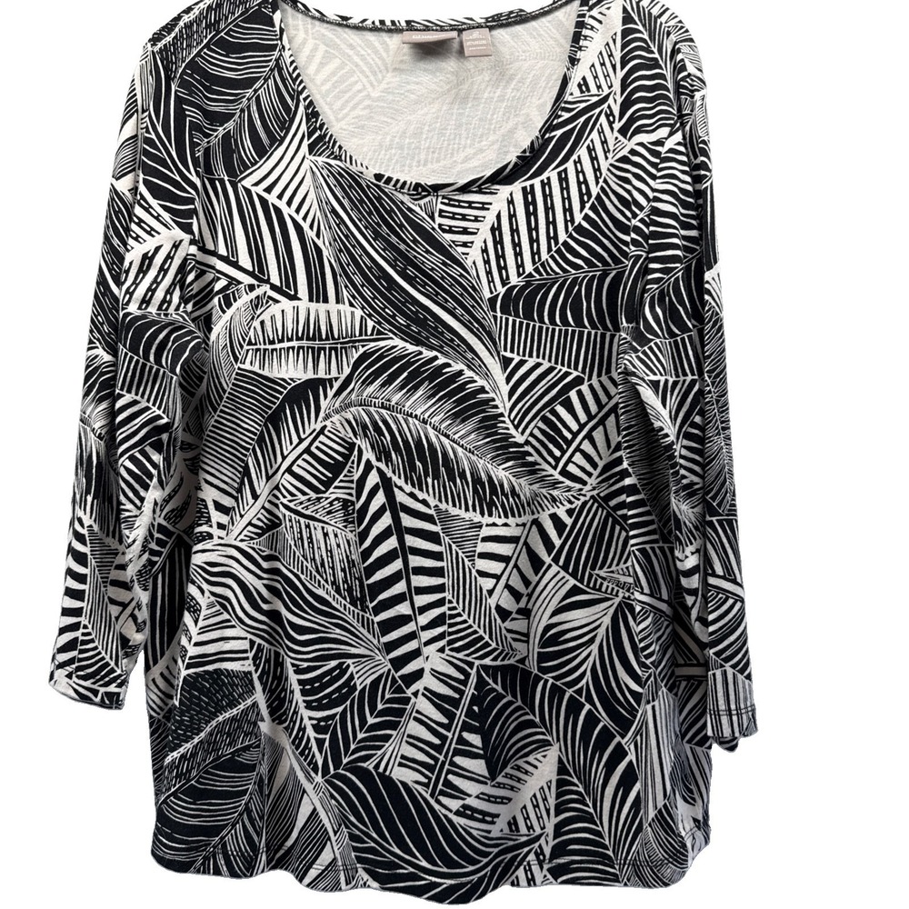 Chicos Women's Top Size Large Black White Floral 3/4 Sleeve Stretch Pullover